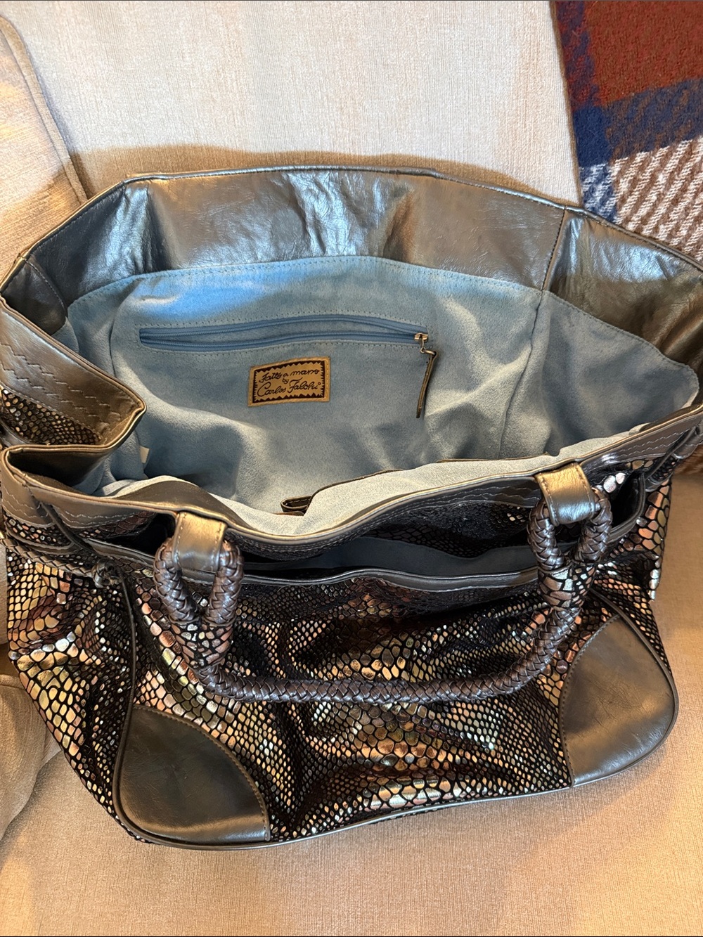 Carlos Falchi Black Iridescent Snake-Effect Tote with Braided Handles